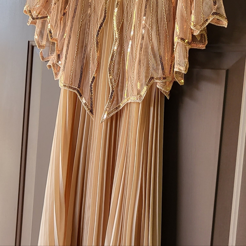 Ellames champagne party dress  cape, hose, mask, fascinator. Sz L